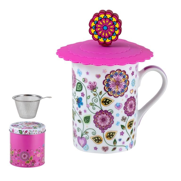 DRW Lot de 6 tasses à infusion avec filtre en acier inoxydable avec fleurs roses. Tasse : 8 x 8 x 10 cm