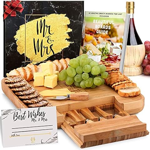 DELUXY Mr & Mrs Ultimate Gift Set Bundle -Wedding Gifts For Couple, Best Bridal Shower Gifts For Bride, Engagement Gifts For Couples-Cheeseboard, Aprons, Picnic Backpack Cover