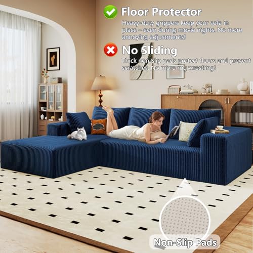 Image of 96 inch Modular Sectional Sofa, Modern Corduroy Cloud Couch with Deep Seat, Boneless Couch Upholstered 3-Seater L-Shaped Sofa for Living Room, No Assembly Required (Blue, Left-Facing Chaise)