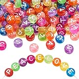 Contenu de l'emballage : environ 555 perles rondes plates en forme de lettres de l'alphabet de 50 g avec environ 7 mm de diamètre, 4 mm d'épaisseur, trou : 1,5 mm ; Couleur : couleurs mélangées aléatoires