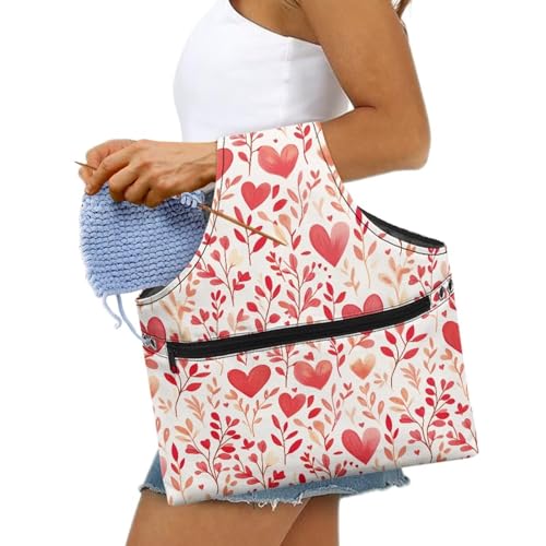 Image of KUIFORTI Floral Knitting Yarn Bag Love Heart Yarn Bags for Crocheting on The Go Crochet Storage for Women Girls at Home Valentines Day Ladies Gifts Size S