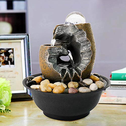 Valentinyii Tabletop Water Fountain with Rolling Ball and Led Light - 10 1/5 Inches High Unique Design Indoor Waterfall Feature - Relaxation & Meditation Fountain for Home Office Decor
