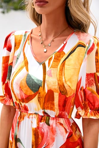 Image of Okiwam Womens Summer Dresses 2026 Spring Casual Floral Short Sleeve Ruffle Flowy Midi Dress Boho Beach Vacation Sundress