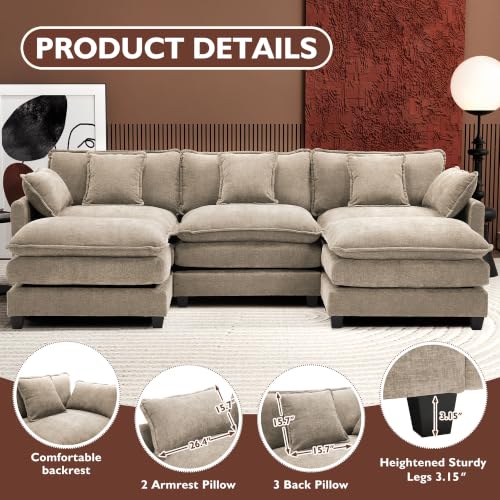 Image of Ihanherry 111.4 inch U Shaped Modern Sofa Modular Sectional Luxurious and Comfortable with 2 Ottoman, 5-Seat Chenille Deep Seat Sofa with Pillow for Living Room, Bedroom and Apartment, Sand