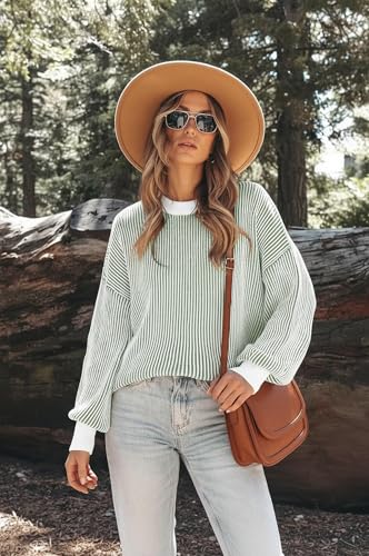 Image of Womens Sweaters Fall 2026 Clothes Oversized Striped Knit Top Winter Outfits | ETCYY Long Sleeve Colorblock Pullover Tops,Fall Sweaters For Women Trendy,Casual Work Office,Cream,Cute Oversized Sweater