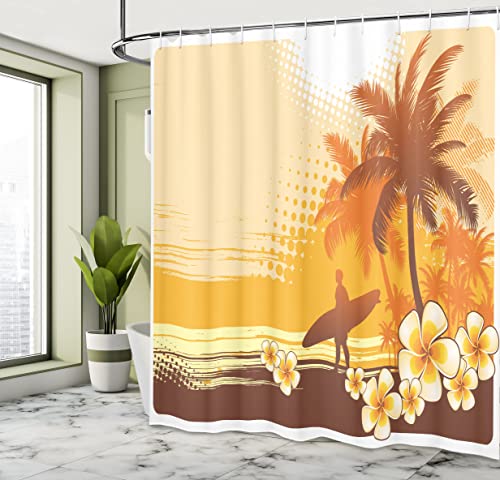 ABAKUHAUS Surf Shower Curtain, Silhouette of Surfer and Tropical Landscape Free Your Mind Illustration - Image 4