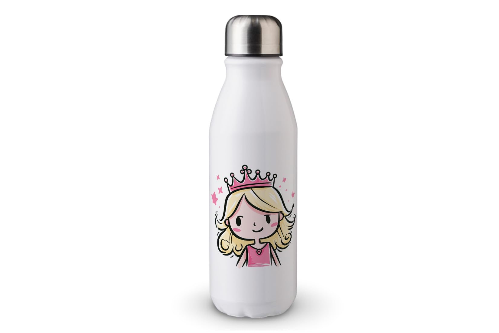 MAXIKIWI - Single Wall Water Drinking Bottle with Screw Cap, Non Insulated Lightweight Aluminium, BPA Free, Leak-Proof - Cute Princess With Tiara - 500ml