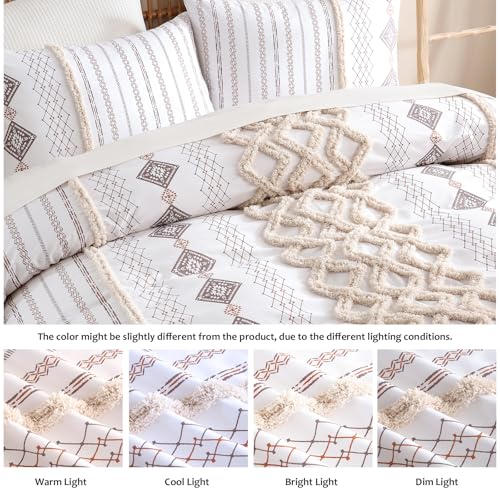 Image of MOVE OVER 100% Cotton Tufted Duvet Cover Set Queen 3 Pieces Beige Boho Chic Farmhouse Bedding Set with Zipper Closure and Ties Western Aztec Comforter Cover All Seasons
