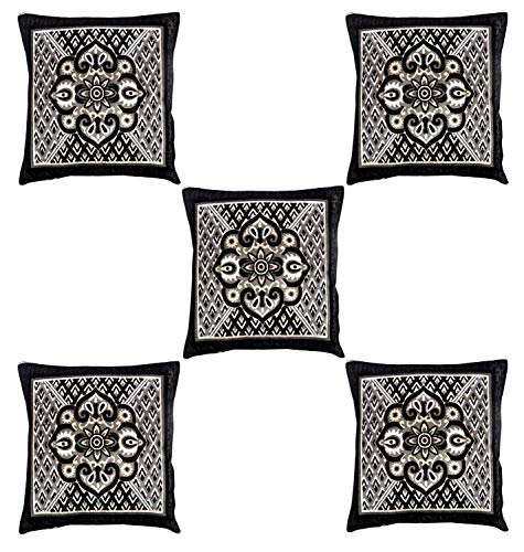 Image of Nendle Jacquard Weaved Decorative Velvet Cushion Cover /Sofa Pillow Cover 500 TC Set Of 5 Pieces (Black, 16X16 Inches)
