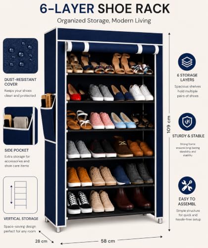 Image of 6 Layer Shoe Rack Plastic with Blue Cover | Multipurpose Plastic Shoe Rack for Home | Space Saving Foldable Shoe Stand | Storage Rack for Home, Bedroom & Entryway.