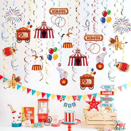 Image of Carnival Hanging Swirl Set Party Decorations, 48 Pcs, Circus Joker Balloon Party Supplies Sign,Red Blue Yellow