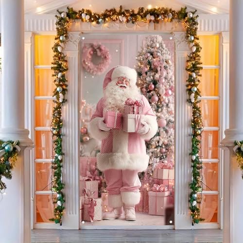 Image of BlissYard Christmas Door Banner Santa Wrapped Boxes 35x71 Inch Polyester