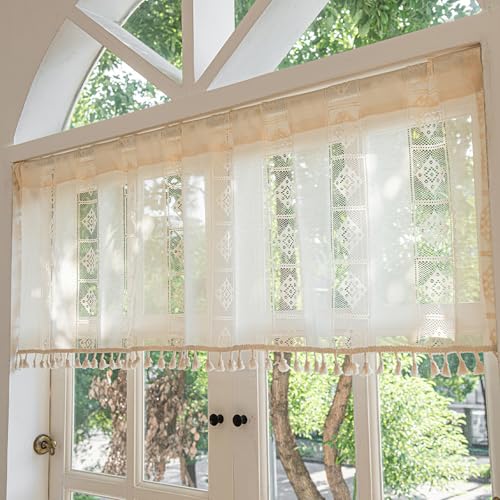 RoxNvm Cortinas Cocina Ventana, 1PCS Visillos Cortos para Ventanas, Color Beige y Lino Cortinas Cortas, Bohemias Cortinas Rusticas, Cortinas de Bistró con Borlas, Bellamente Decorada (148 x 46 cm)