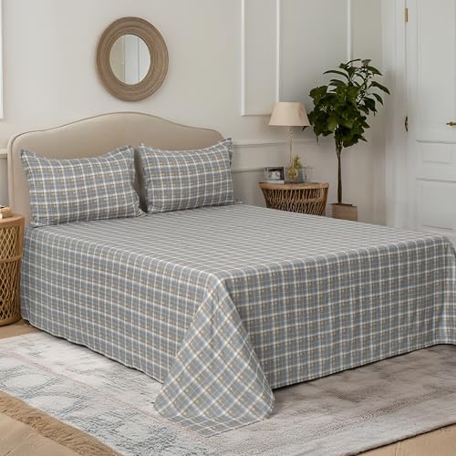 Image of Cortina Cloud Cotton King Size Bedsheet with 2 Pillow Covers | Super Soft, Breathable & Skin-Friendly Bedsheet for Double Bed King Size with Grey Checks Design | (270x250 cm)