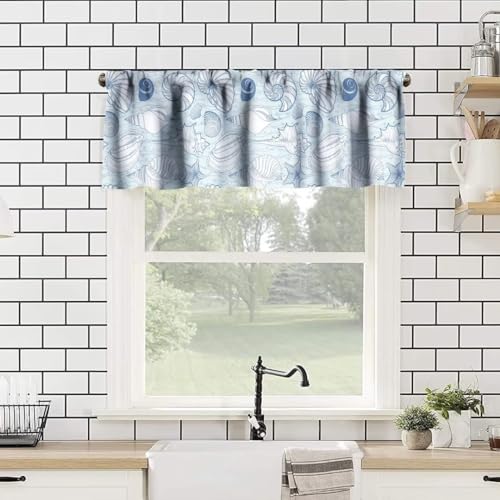 Image of Seashell Kitchen Valance Curtain, Vintage Blue Coastal Corals Sea Beach Sealife Theme Window Treatment Valances for Kitchen Living Room Cafe Decor 54'x18', 1 Panel