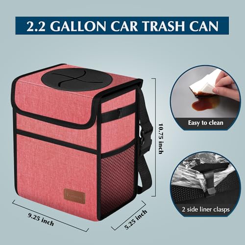 Image of Femuar Car Trash Can with Lid - Leak Proof, Waterproof, Multipurpose Car Hanging for Headrest, Collapsible, Portable with Storage Mesh Pocket, Pink