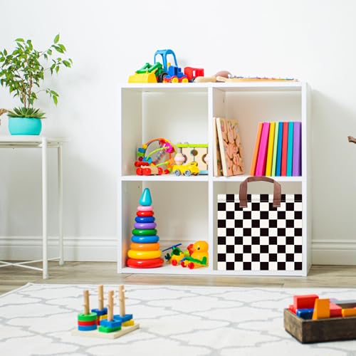 Image of Checkered Storage Basket Waterproof Canvas Toy Storage Bin Race Car Room Decor Collapsible Outdoor Basket with Leather Handles Checkered Decor Car Blanket Baskets For Closets,Bedrooms,Gifts Baskets