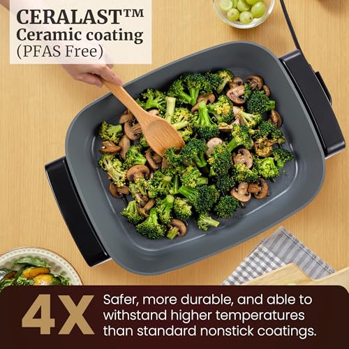 Image of Elite Gourmet 15 inch x 12 inch x 4 inch Electric Skillet, Xtra Deep Dish, Ceralast PFAS Free Ceramic, 1500W Rapid Heat, Tempered Glass Vented Lid, Dishwasher Safe, 12.5 Qt., Black /Gray