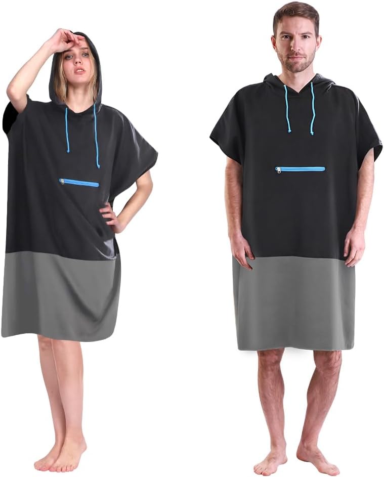 Microfiber Poncho Towel for Adult Surf Beach Wetsuit Changing Towel Bath Robe Hooded Poncho -One Size Fit All (Grey & Black)