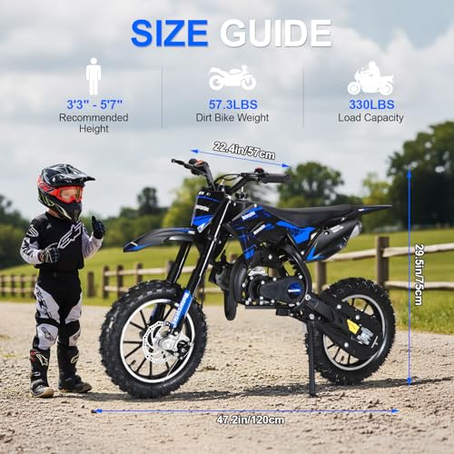 Image of Kids Dirt Bike, 50cc / Gas Powered Dirt Bike for Kids 8-14, 2-Stroke Mini Dirt Bike, Pull Start Off-Road Motorcycle, 10-Inch Tires, Disc Brakes, 25 MPH, 330 lb Max Load
