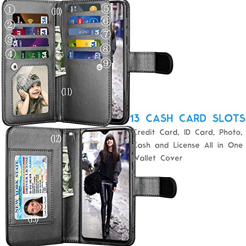 Galaxy A70 Case, Galaxy A70 Wallet Case, Luxury Cash Credit Card Slots Holder Carrying Folio Flip Pu Leather Cover [Detachable Magnetic Hard Case] & Kickstand Compatible Samsung Galaxy A70 [Black] #TOP1