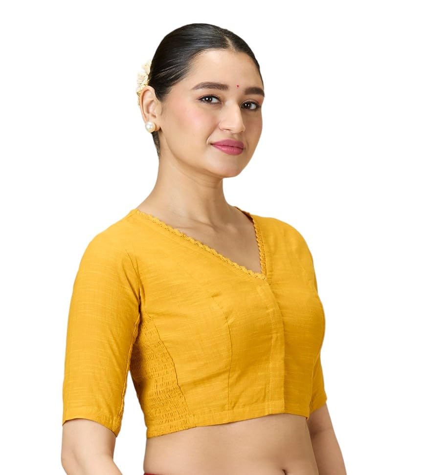 Image of Studio Shringaar Women's Handloom Cotton Side Stretchable (Smocked) Readymade Saree Blouse with Crochet Neckline