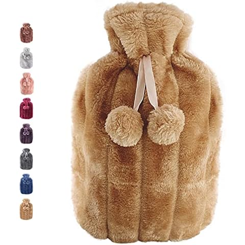 Hot Water Bottle with Fluffy Cover, Large 2L Hot Water Bottles Soft Faux Fur Cover Pom Pom Hot Water Bag for Feet Warmer Neck and Shoulders Pain Relief, UK Safe Tested -Yellow Cover