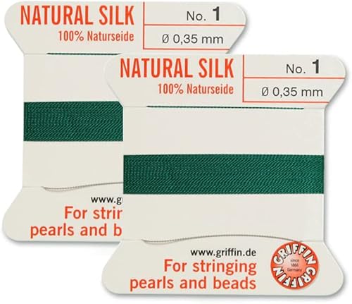 Griffin - Cordón de cuentas de seda natural, 2 unidades, hilo y aguja, tamaño 1, color verde