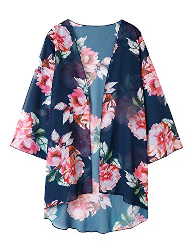 Women's Kimono Cardigan Floral Print Chiffon Beach Open Cover ups Casual Loose Tops Shawls (Deep Blue,M)