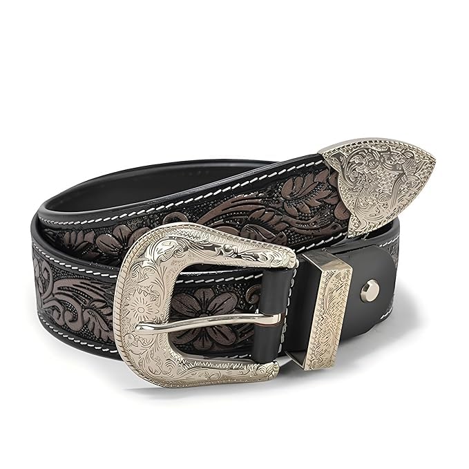 Image of Western Leather Belt for Men & Women, Floral Embossed Cowhide, Durable Rodeo Style for Jeans, Casual Wear & Country Outfits