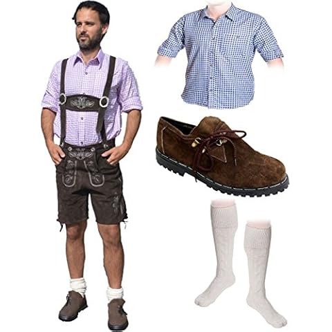 Herren Trachten Set A 5-teilig Trachten Lederhose * kurz * Dunkelbraun 46-60 Trachtenhemd Schuhe Socken Oktoberfest Cover