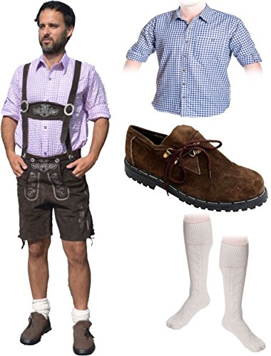 Herren Trachten Set A 5-teilig Trachten Lederhose * kurz * Dunkelbraun 46-60 Trachtenhemd Schuhe Socken Oktoberfest