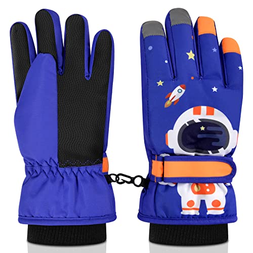 flintronic Guantes Niños Invierno Cálido, Guantes de Esquí Invierno para Niños, Guantes de Nieve Impermeables para Invierno, Guantes para Esquí al Aire Libre para Niños Ciclismo, Patinaje-Azul/L
