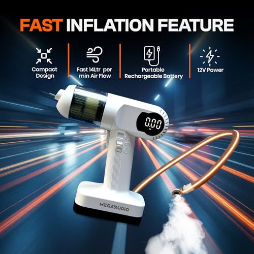 Image of MEGAAUDIO MATI07 3-in-1 Cordless Car Vacuum Cleaner & Tire Inflator, Portable 12V Air Compressor Pump for Car, Bike & Balls, 100 PSI Max Pressure, 60W High Suction Handheld Vacuum with LED Light