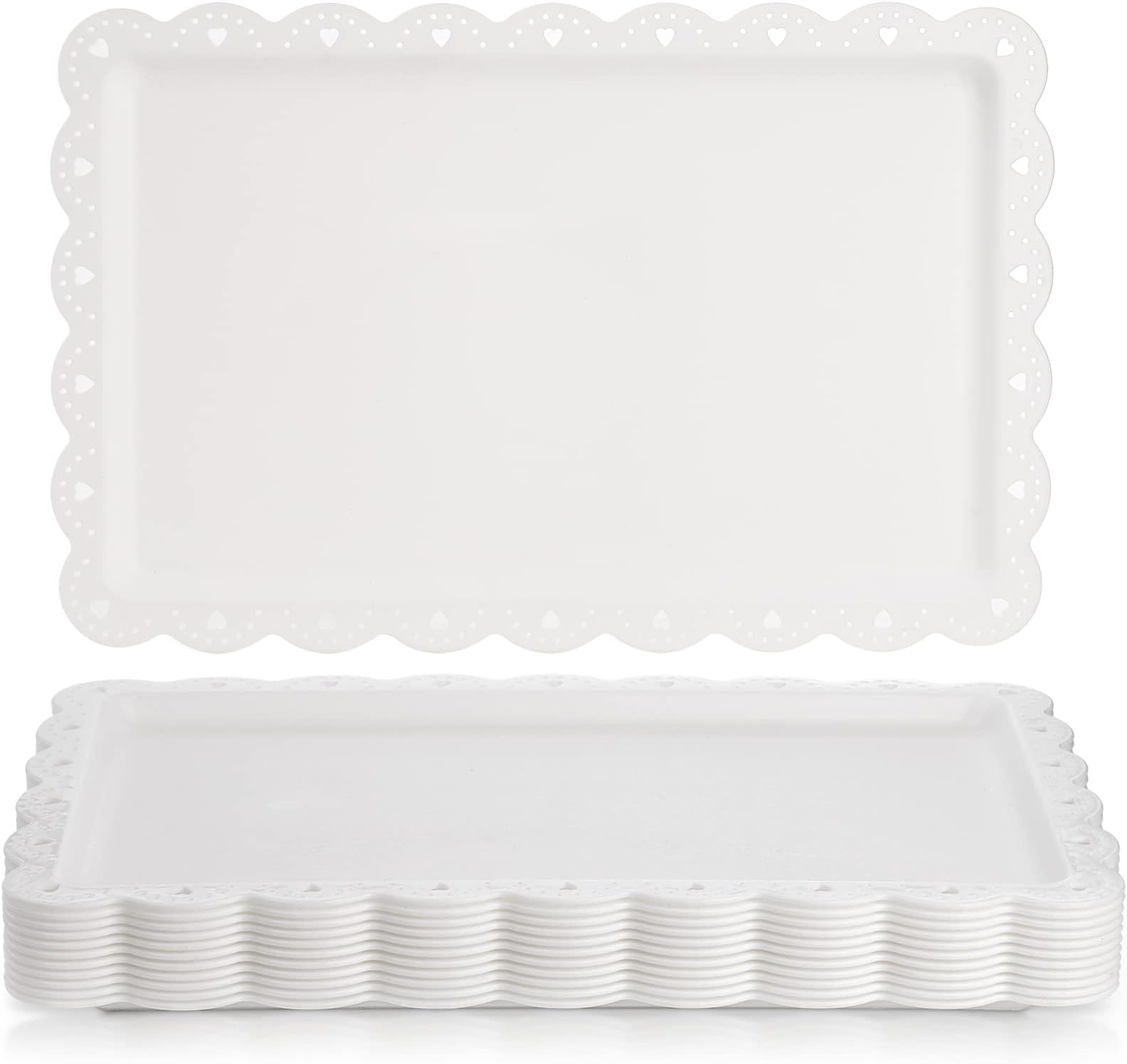 Peohud 12 Pack White Plastic Serving Platters, Disposable Party Serving Food Tray with Lace Rim, Rectangle Plastic Trays Serving Platter for Party, Wedding, Fast Food, Restaurant,14.4" x 9.3"