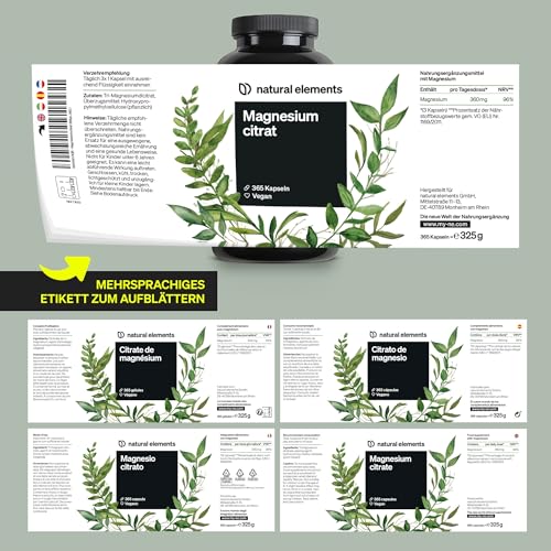 natural elements Magnesiumcitrat – 360mg elementares Magnesium pro Tagesdosis – 365 vegane Kapseln – 4-Monats-Vorrat – hochdosiert, ohne Zusätze – in Deutschland entwickelt & laborgeprüft