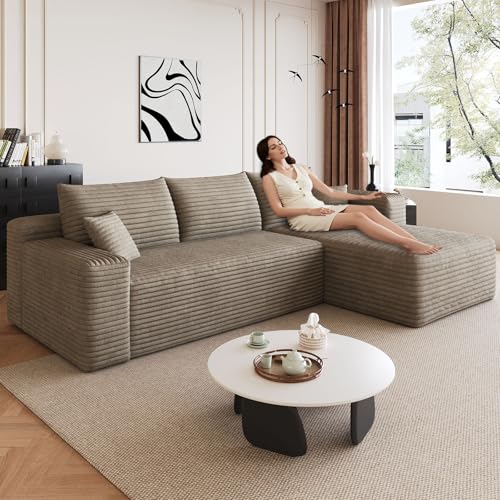 Image of 95 inch Modular Sectional Sofa, Modern Corduroy Cloud Couch with Side Pockets, Boneless Couch Upholstered 3-Seater L-Shaped Sofa for Living Room, No Assembly Required (Camel,Right-Facing Chaise)