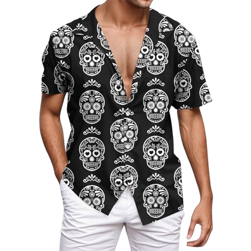 Vekewsap Camisa de calavera multicolor para hombre, disfraz de Halloween, camisa de fiesta, corte ajustado, camisa de ocio, camiseta gótica, estampado de salpicaduras de sangre, parte superior