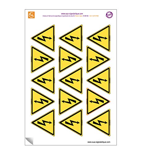 AUA SIGNALETIQUE - Planche de 15 autocollants - pictogramme Danger électricité - ISO 7010 W012 - Triangle base 60 mm hauteur 50 mm - sticker
