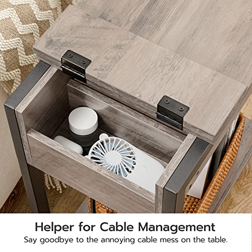 Hoobro Side Table With Charging Station, Narrow Nightstand With Drawer & Usb Ports & Power Outlets, End Table For Small Spaces, Living Room, Bedroom, Wood Look Accent Table, Greige And Black Bg041Bz01 #TOP6