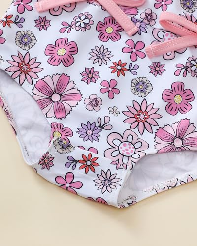 Image of Toddler Girl Swimsuit Baby Girl Bathing Suit Long Sleeve Floral Zipper One-Piece Rash Guard Swimsuit with Hat