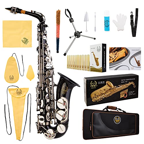 Rhythm Eb Alto Saxophone With CarryingÂ SaxÂ Case,Full set CleaningÂ andÂ CareÂ kit,SaxÂ Foldable Stand,boxÂ ofÂ reeds,Mouthpiece,Straps-Black