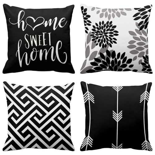 Emvency Set of 4 Throw Pillow Covers Modern Abstract Geometry Black White and Grey Words Sweet Floral Arrow Decorative Pillow Cases Home Decor Standard Square 18x18 Inches Pillowcases