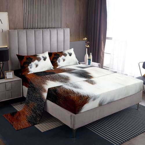 Cowhide Bedding Set for Boys, Cow Print Kawaii Bed Sheets King Size Bull Cattle Skin Sheet Set Farmhouse Animal Hair Fitted Sheet-Wildlife Fur Flat Sheet-2 Cowhide Pillow Csaes(Black White Brown)