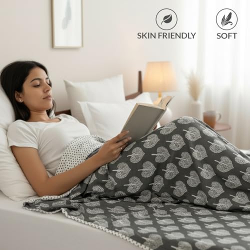 Image of HOMEMONDE 100% Cotton Reversible Dohar Double Bed Size | 300 TC AC Blanket Comforter | Soft Lightweight Bed Blanket Quilt | Premium Gift Box Included (84 x 94 Inch, Dark Grey & White, Pack of 1)