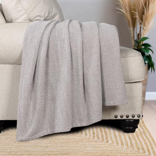Superior Chenille Cotton Blanket, Comfy Blanket for Bedroom Decor, Bedding Essentials, Bed Cover, Couch, Lounging, Picnic, Beach, Yarn-Dyed, Herringbone Design, Maya Collection, Throw, Brown