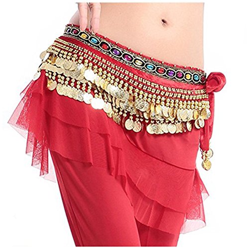 Image of VRITRAZ Women's Chiffon Belly Dance Hip Scarf Waistband Belt Skirt Mixed Colors Beads and Golded Coins 56 Black