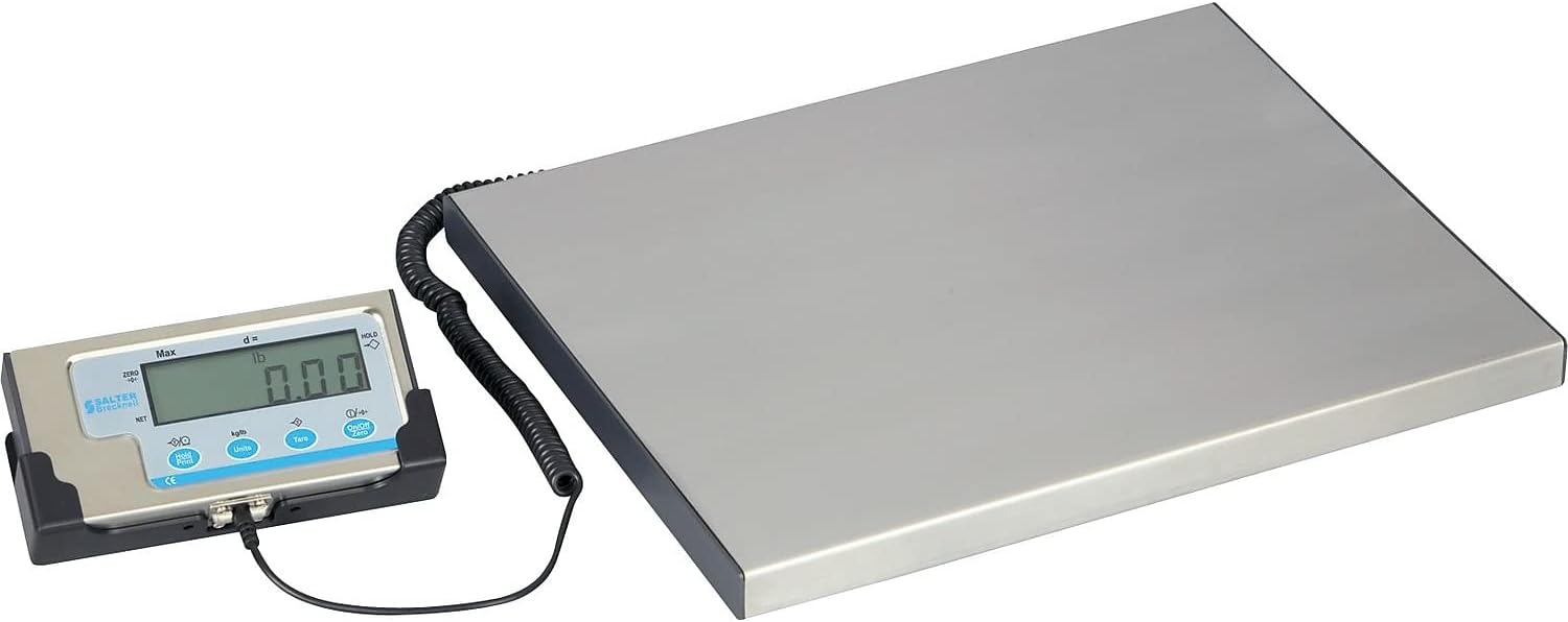 Brecknell LPS150 scale showing a package on the platform and the digital display reading 0.00.