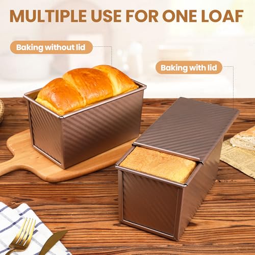 Image of Yupjlia Pullman Loaf Pan with Lid, 1LB, Nonstick, Even Baking, Clean Easily | Premium Sandwich Bread Loaf Pan with Lid for Homemade Bread, Heavy Duty Carbon Steel Corrugated Pullman Toast Box, 9 x 4