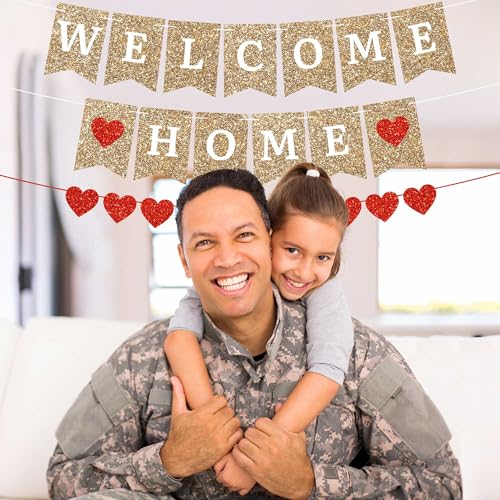 Image of Pre-Strung Welcome Home Banner - Gold Glitter Banner with Red Hearts | No DIY - Pre-Strung on 6 ft strands - Welcome Home Party Decorations for Homecoming, Military Return, & Housewarming Decor